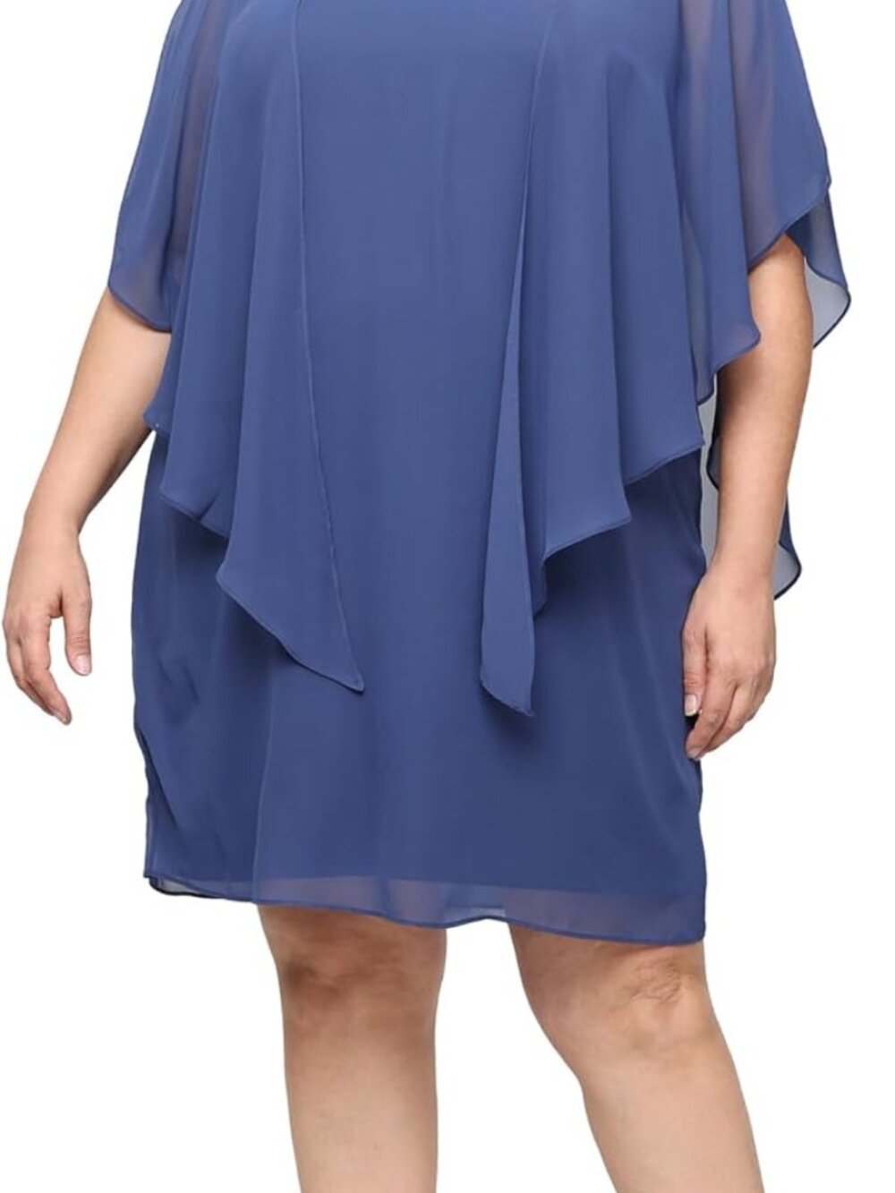 ✨ NWT S.L. Fashions Blue Chiffon Cape Dress Beaded Neck Petite 6 Mother Wedding - Picture 6 of 6